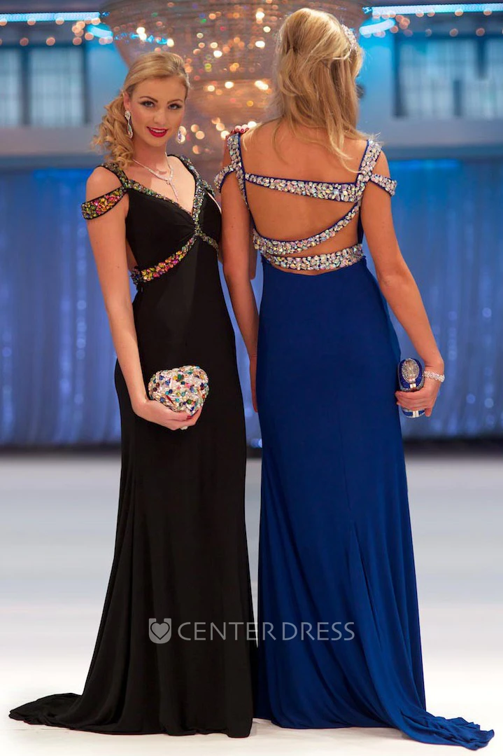 Sheath V-Neck Maxi Beaded Jersey Prom Dress