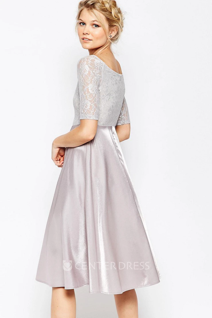 A-Line Knee-Length Short Sleeve Lace Scoop Neck Strectch Satin Bridesmaid Dress