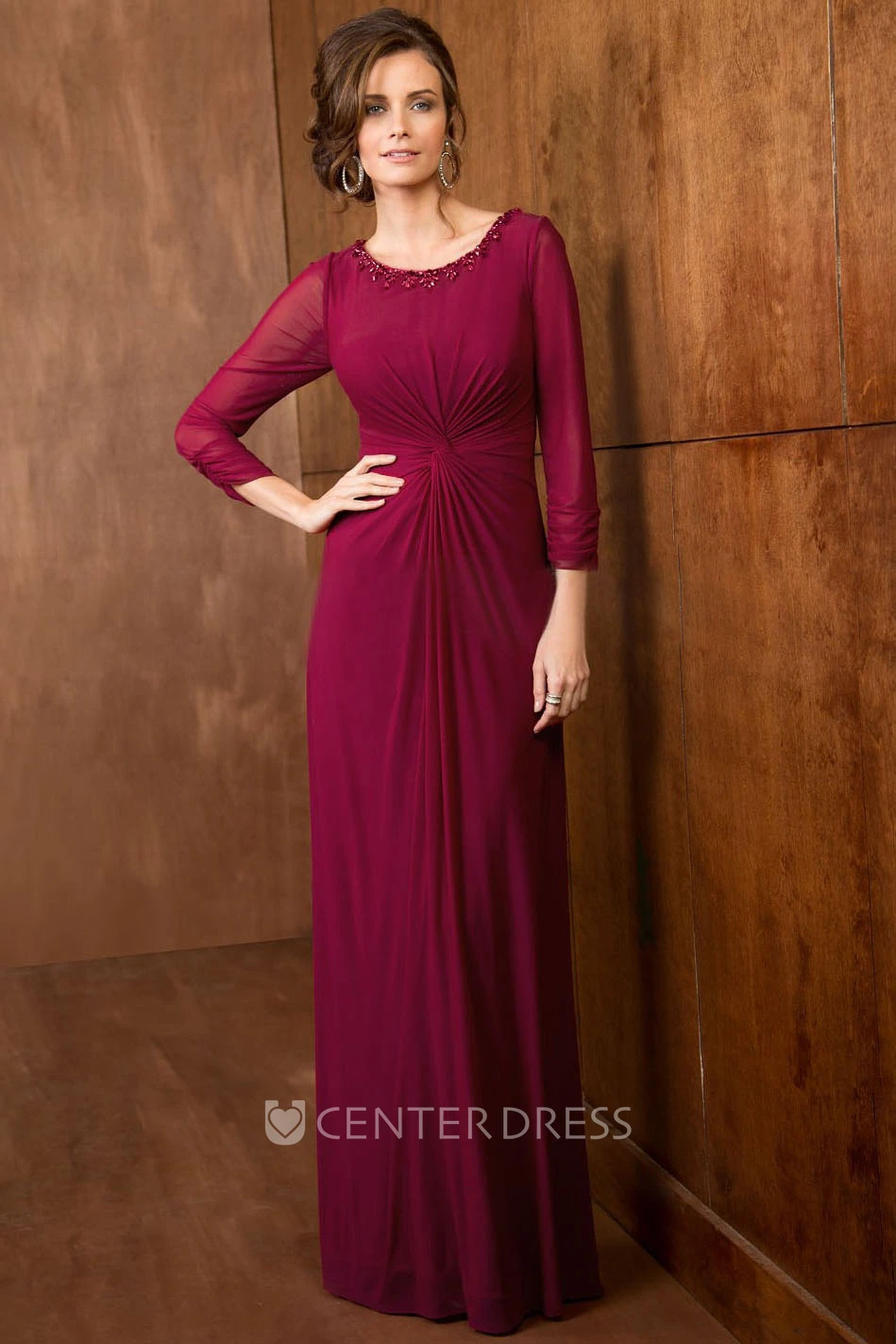 3-4 Sleeved A-Line Long Flowy Gown With Beadings And Pleats