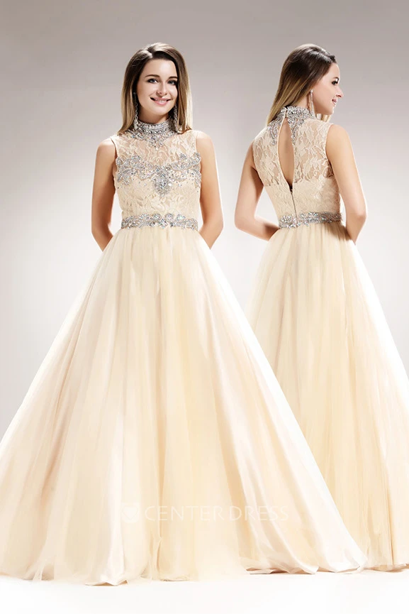 A-Line High Neck Sleeveless Tulle Lace Illusion Dress With Beading