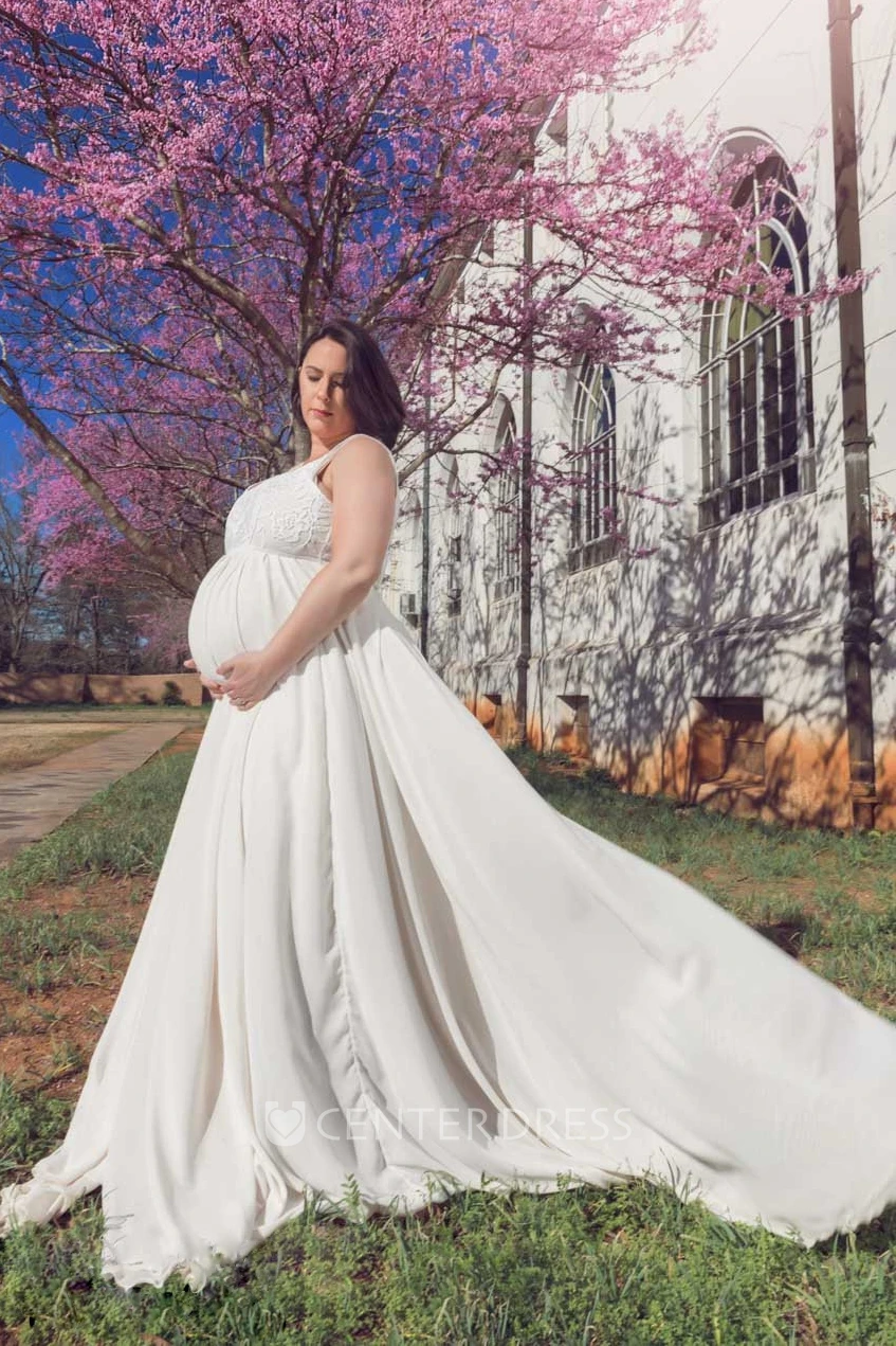 A-Line Sweep Brush Train Sleeveless Empire Maternity Wedding Dress
