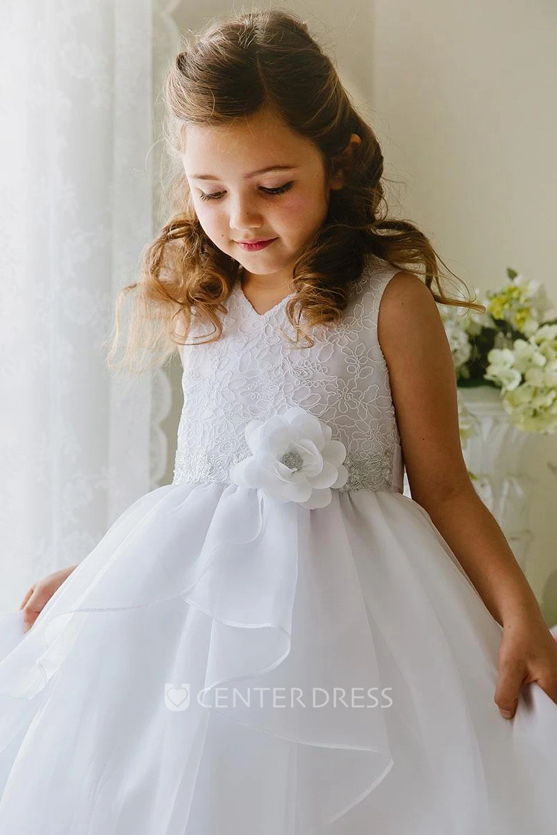 Embroideried Tea-Length Tiered Lace&Organza Flower Girl Dress