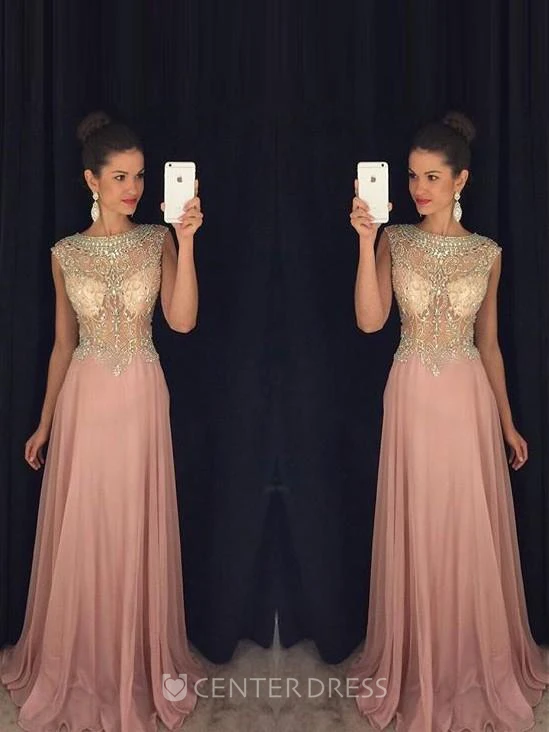 A-Line Princess Sleeveless Scoop Beading Chiffon Sweep Brush Train Dresses