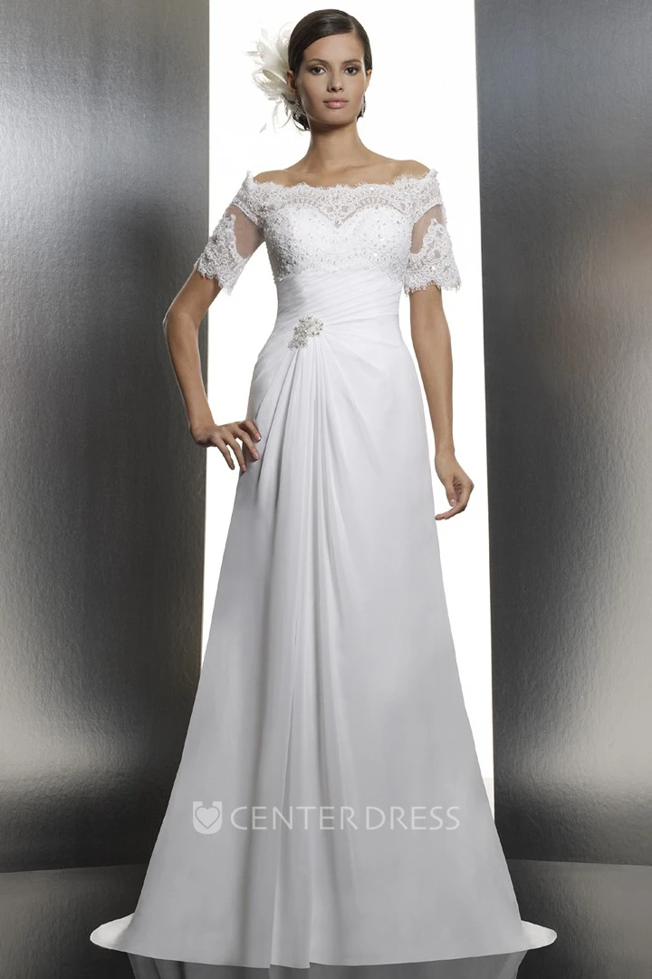 Sheath Short-Sleeve Off-The-Shoulder Appliqued Floor-Length Chiffon Wedding Dress With Beading And Broach