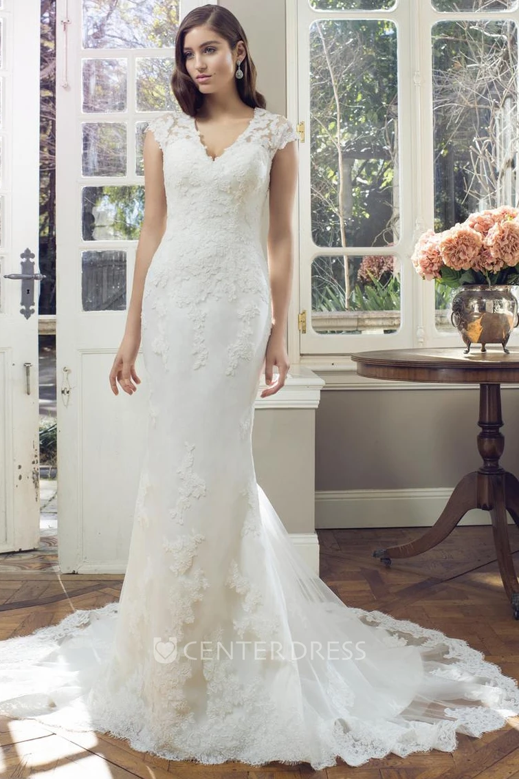 Sheath Cap-Sleeve V-Neck Lace Wedding Dress With Illusion