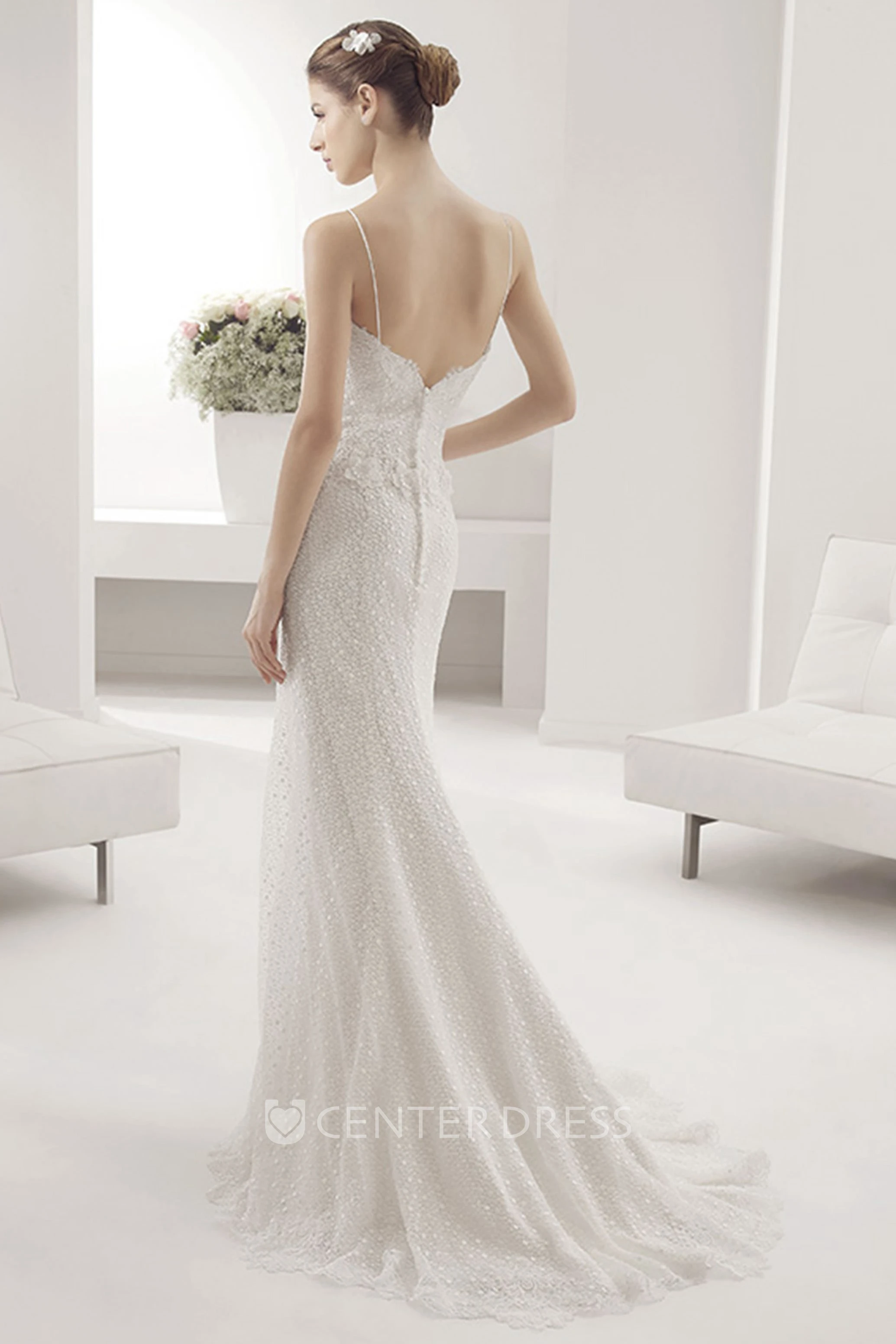 Spaghetti Straps Sweetheart Lace Gown With Waist Flower