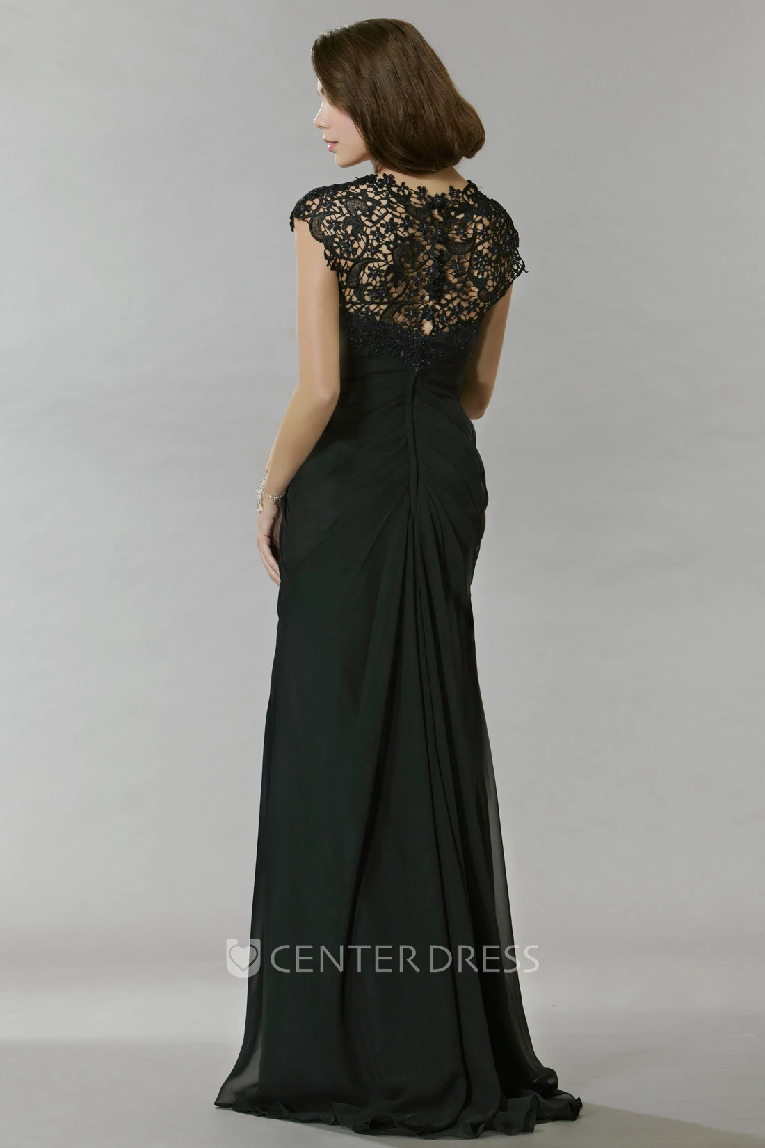 Sheath Long Lace Jewel Cap-Sleeve Chiffon Prom Dress With Beading And Draping