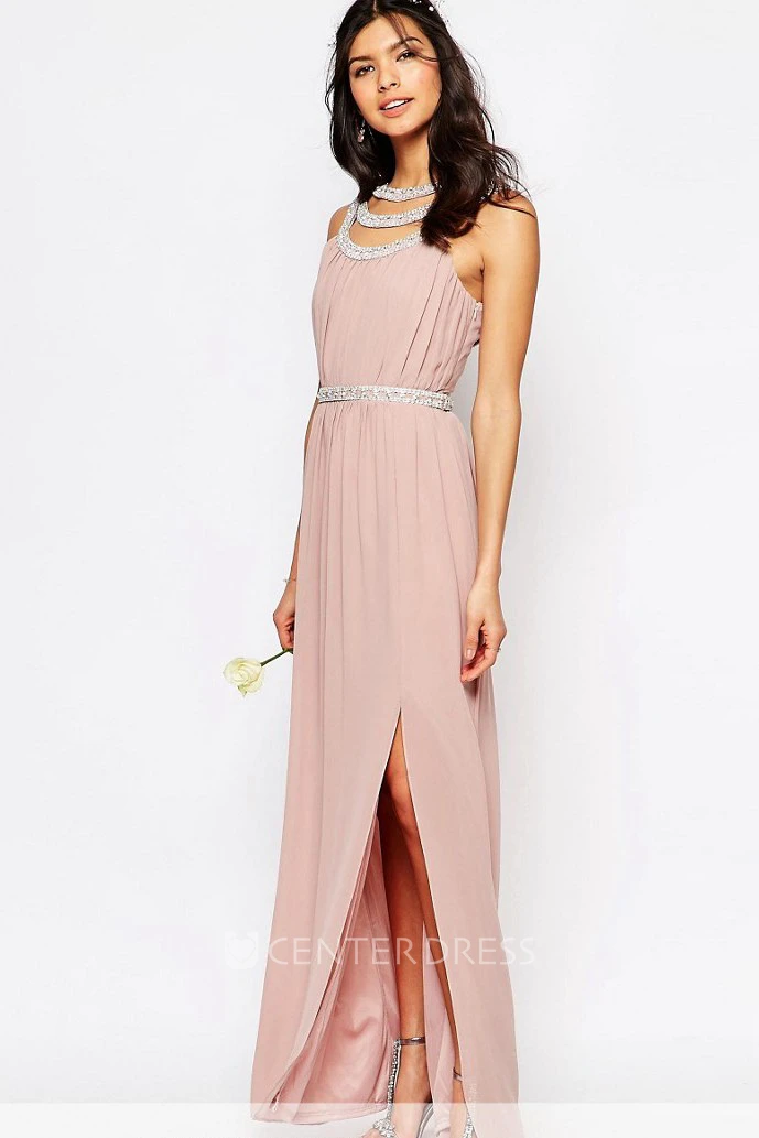 Ankle-Length Beaded Sleeveless Scoop Neck Chiffon Bridesmaid Dress