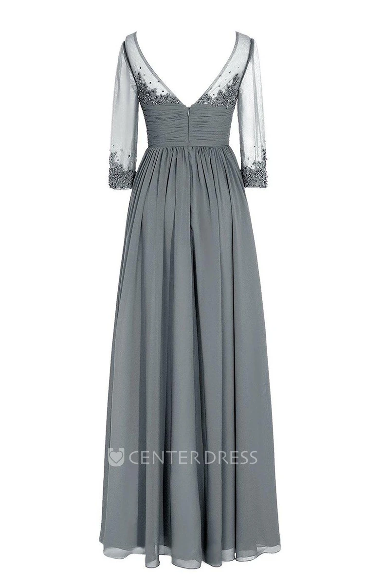 3 4 Sleeved V-neck Chiffon Gown With Illusion Sleeves
