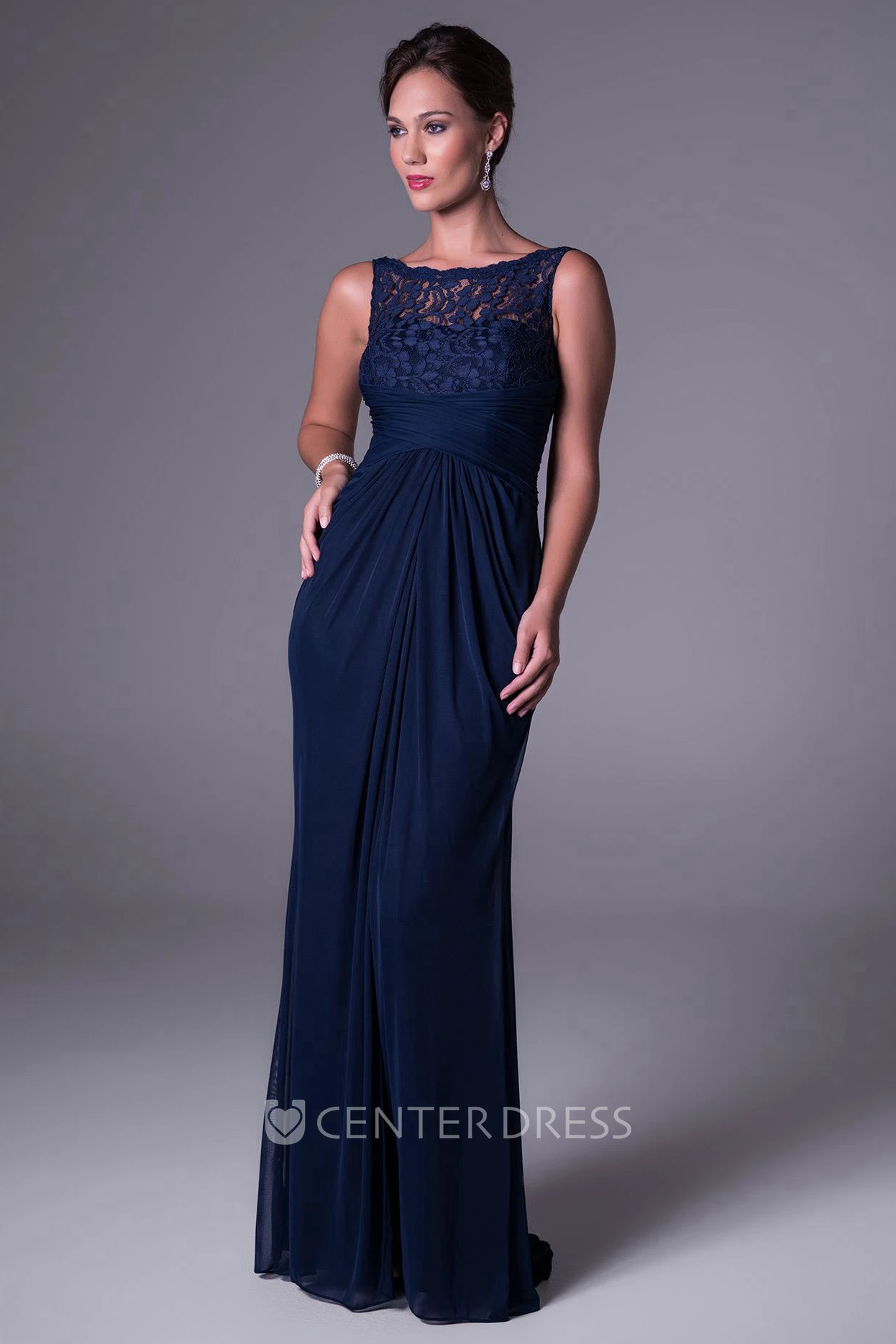 Sheath Floor-Length Lace Sleeveless Bateau-Neck Chiffon Bridesmaid Dress With Draping