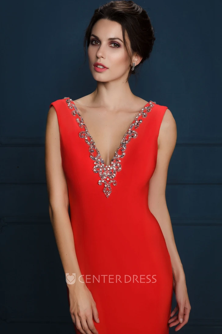Sheath Sleeveless V-Neck Beaded Maxi Jersey Evening Dress