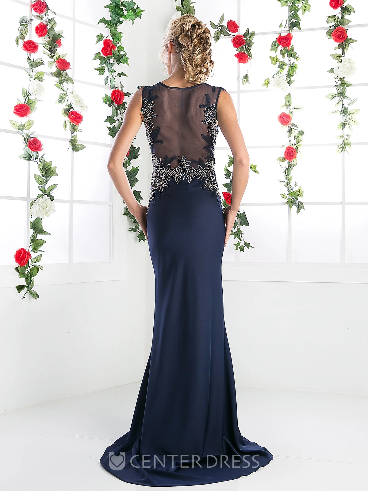 Sheath Long Jewel-Neck Sleeveless Jersey Illusion Dress With Appliques