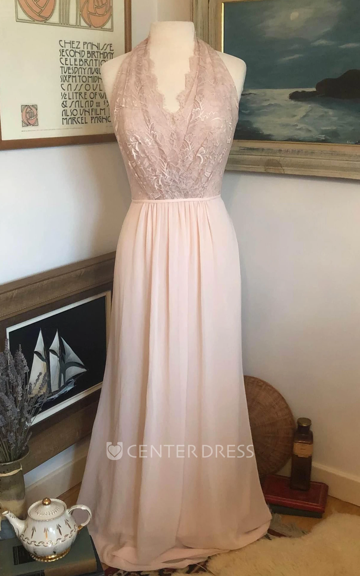Adorable A-Line Chiffon Guest Dress With Halter Neckline And Open Back