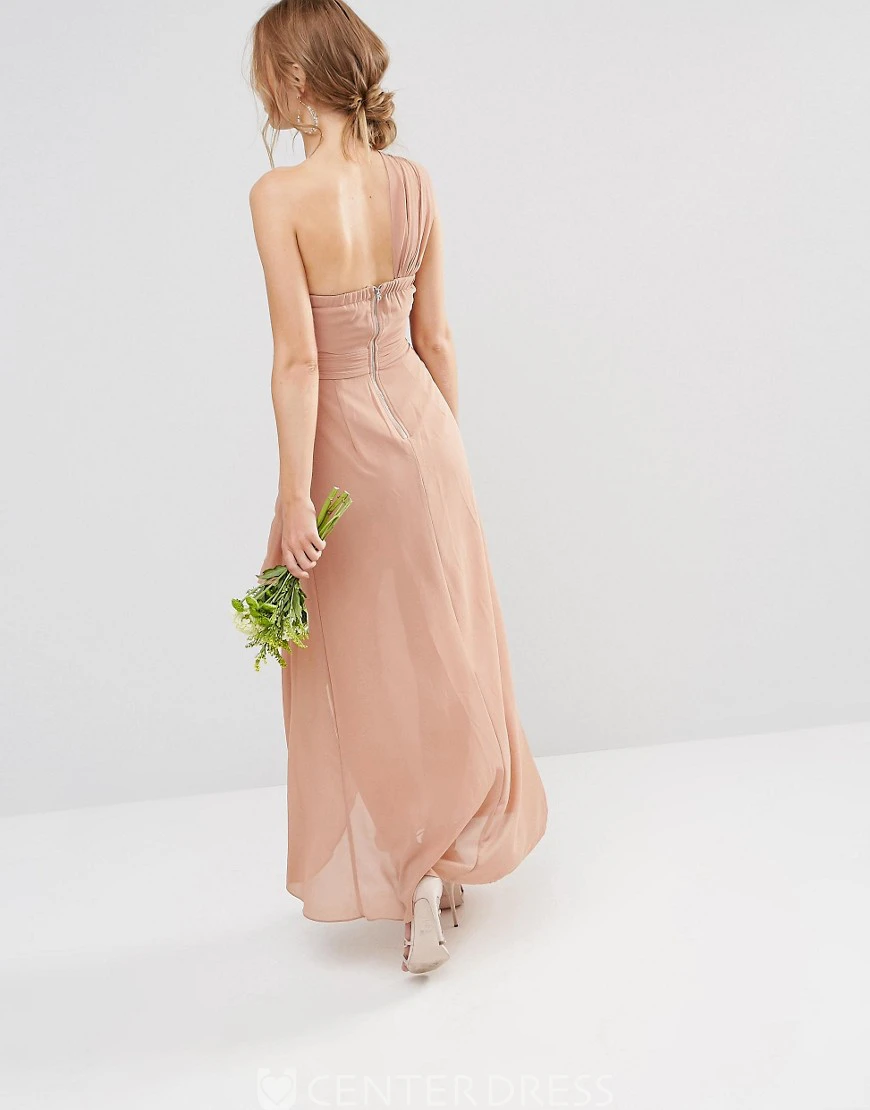 High-Low Sleeveless One-Shoulder Ruched Chiffon Bridesmaid Dress