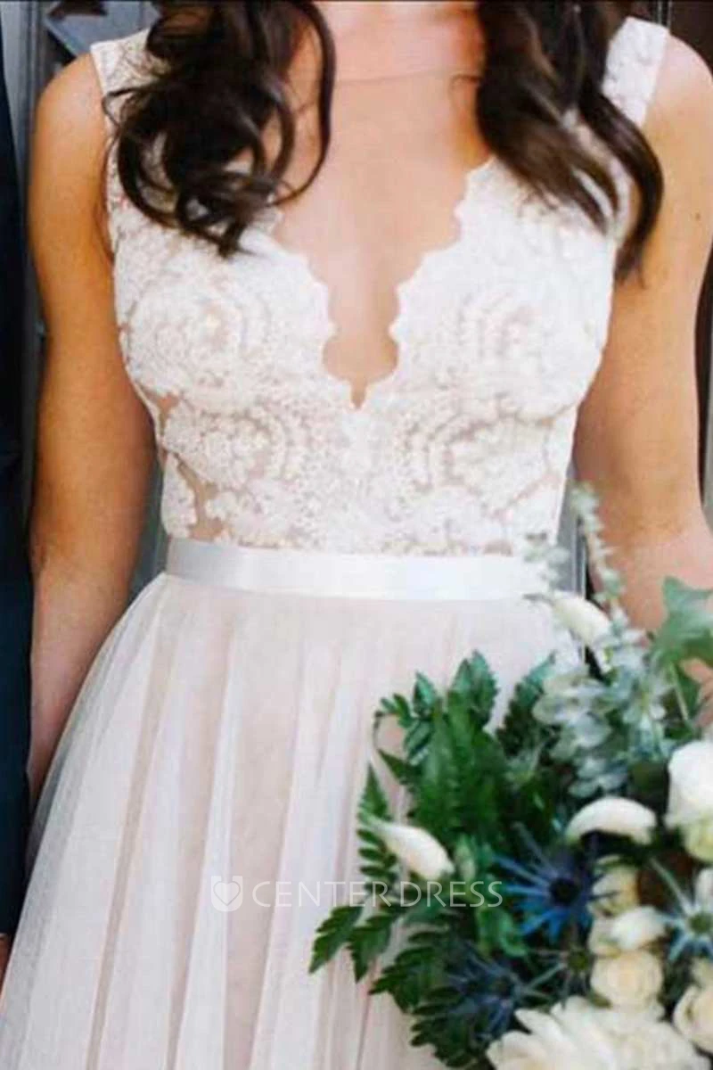 Sleeveless V Neck A-line Long Tulle Dress With Lace Top