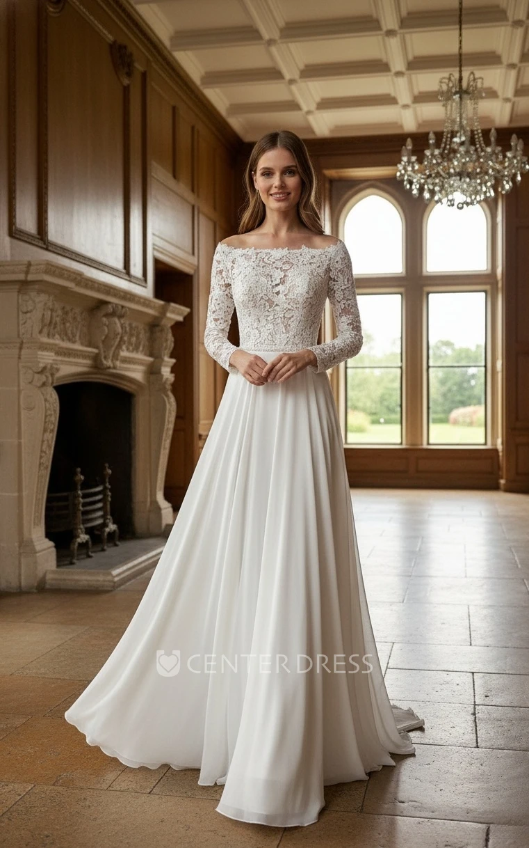 Vintage A-Line Boho Lace Spring Wedding Dress Modern Off-the-shoulder Beach Bridal Gown with Long Sleeve