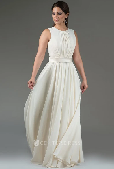 Scoop Neck Pleated A-Line Chiffon Long Bridesmaid Dress With Satin Sash