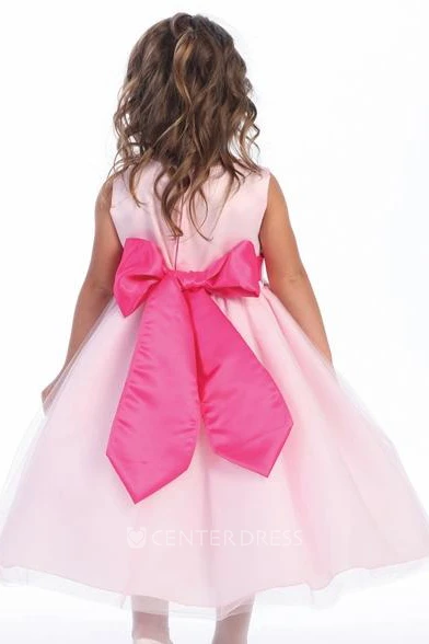 Tea-Length Floral Tiered Tulle&Satin Flower Girl Dress