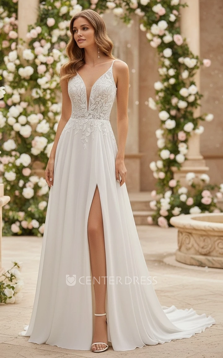 Ethereal Sexy A-Line Plunging Neckline Spaghetti Floor-length Chiffon Lace Wedding Gown Elegant Garden Lace Appliques Split Front Sleeveless Backless Bridal Dress with Button