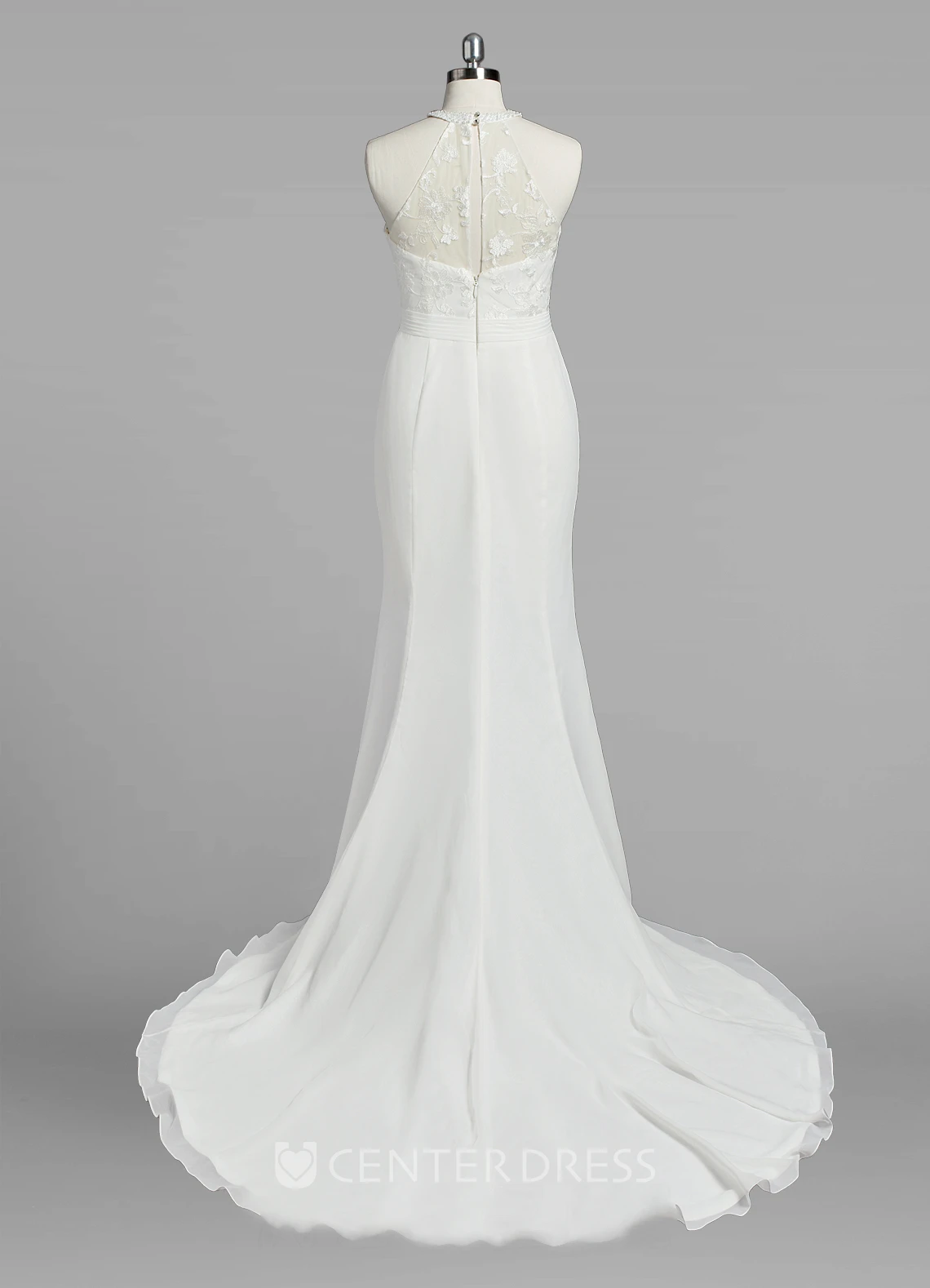Jewel Neck Mermaid Chiffon Wedding Dress With Lace Bodice