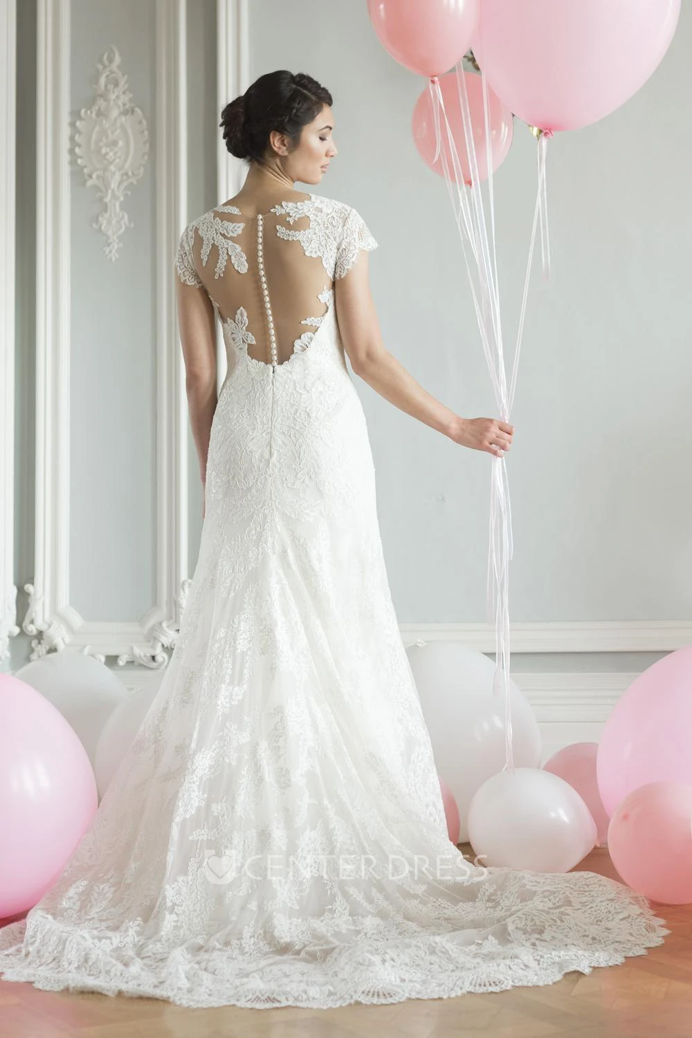 V-Neck Cap-Sleeve Lace Wedding Dress