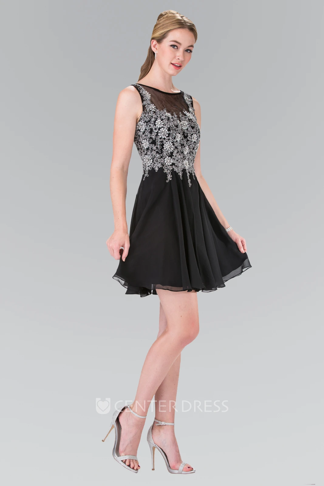 A-Line Short Bateau Sleeveless Chiffon Deep-V Back Dress With Appliques And Pleats