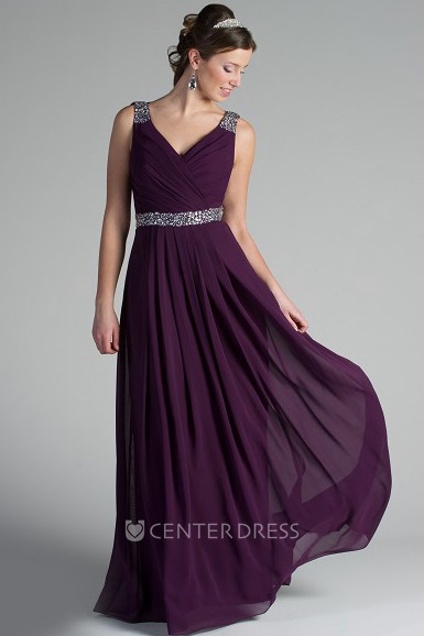 V Neck Back Dropping Chiffon Long Bridesmaid Dress With Crystal Straps And  Waist - UCenter Dress