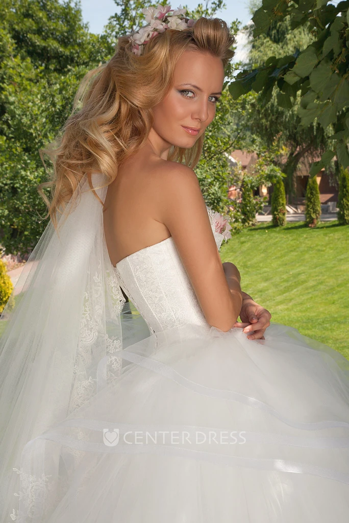 Maxi Sweetheart Floral Draped Tulle Wedding Dress With Chapel Train And Corset Back