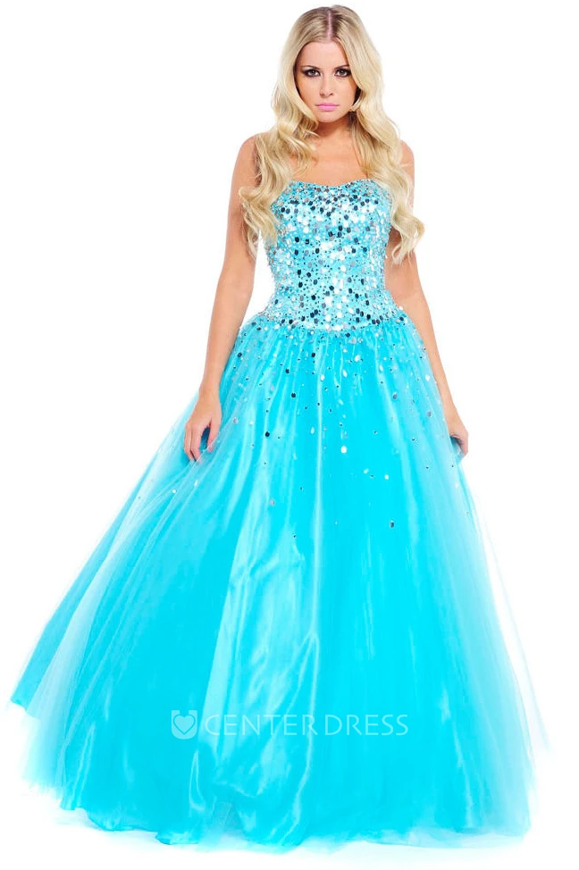 A-Line Sequined Strapless Sleeveless Floor-Length Tulle&Satin Prom Dress