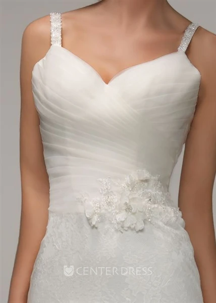 Sheath Sleeveless Spaghetti Long Criss-Cross Lace Wedding Dress With Flower And Appliques