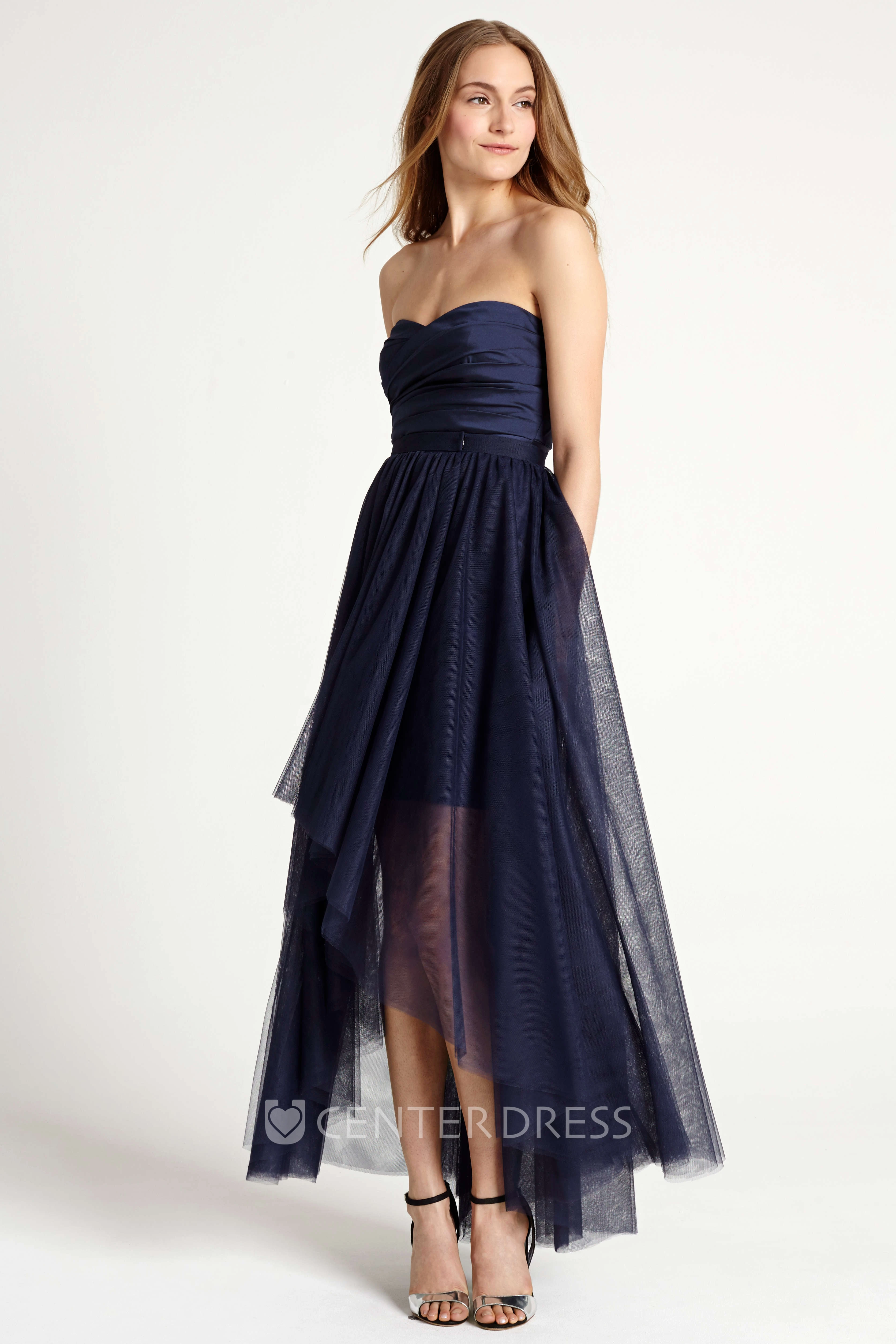 High-Low Ruched Strapless Tulle Bridesmaid Dress