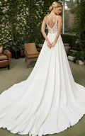 Elopement Garden Beach Country A-Line Satin Wedding Dress with Lace Button Back and Cathedral Train