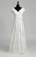 Lace A-line Scalloped V-neck Cap Illusion Short Sleeve Wedding Dress with Criss Cross and Ruching