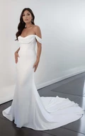 Minimalist Simple Mermaid Satin Off-the-Shoulder Draping Wedding Dress with Button Back and Chapel Train