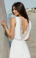 Modest Elegant Boho A-Line Lace Wedding Dress Wrap Flowy Fantasy Sleeveless V-Neck Low Back Chiffon Bridal Gown
