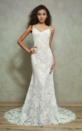 Flowers Lace Mermaid Spaghetti Straps V-neck Vintage Sleeveless Sexy Beach Country Floor-length Wedding Dress with Deep-V Back