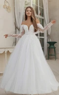 Romantic Floral A-Line Off the Shoulder Boho Lace Removable Sleeve Wedding Dress Sexy Princess Beaded Aplliques Floor Length Ball Gown