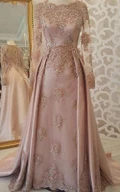 Modest A Line Satin Court Train Evening Dress with Appliques