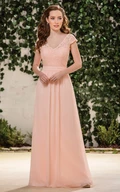 Cap-Sleeved V-Neck A-Line Bridesmaid Dress With V-Back And Lace Bodice