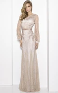 Sheath Floor-Length Scoop-Neck Puff-Sleeve Embroidered Lace Prom Dress With Waist Jewellery