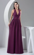 Halter Plunged Backless Chiffon A Line Maxi Formal Dress with Pleats