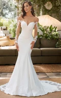 Illusion Long Sleeve Classic Mermaid Sexy V-Neck Lace Applique Long Tail Wedding Dress