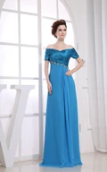 Off-The-Shoulder Ruched Maxi Chiffon Formal Dress With Beading and Criss Cross