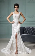 Strap Neckline Sweetheart Mermaid Satin Wedding Gown With Lace Appliques