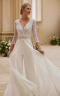 Vintage Romantic Jumpsuit A-Line Plunging Neckline Chiffon Lace Wedding Dress Elegant Garden Long Sleeve Floor-length Button Illusion Back Bridal Gown