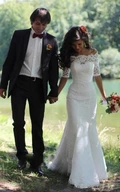 Half Sleeve Off-the-shoulder Sheath Lace Gown With Lace-up