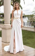 Elegant Mermaid Jewel Neck Sleeveless Plunging Neckline Satin Wedding Dress Sexy Romantic Floor-length Button Zipper Low-V Back Flowers Appliques Ruching Split Front Bridal Gown
