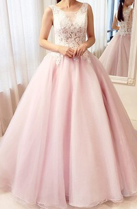 Scoop Lace Tulle Sleeveless Floor-length Ball Gown Prom Dress with Ruffles