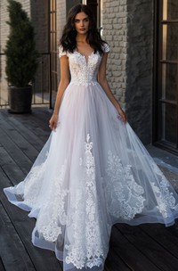Ethereal A Line Lace and Tulle V-neck Chapel Train Wedding Dress with Appliques 