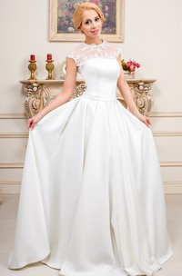 Floor-Length Cap-Sleeve High-Neck Appliqued Satin Wedding Dress